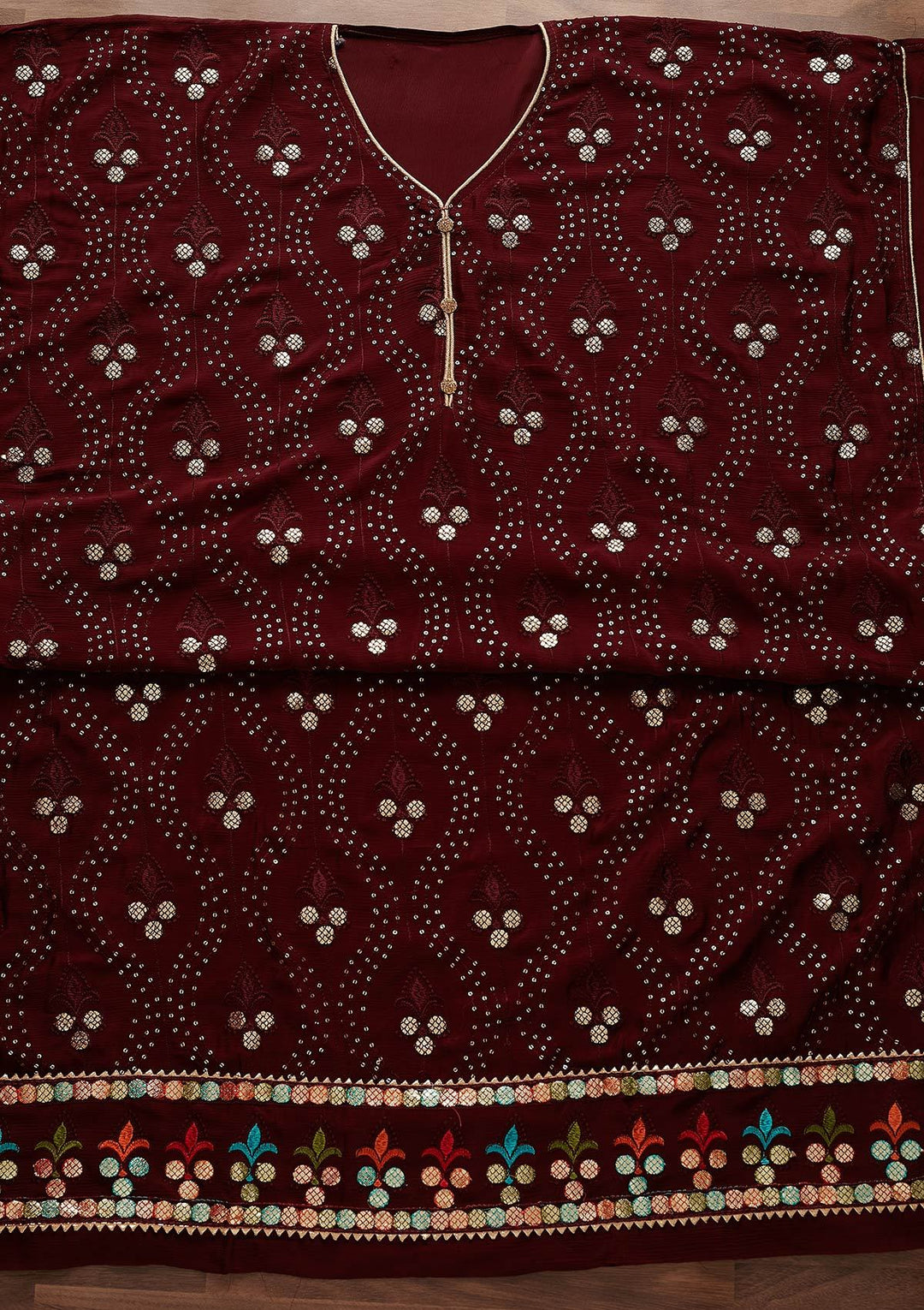 Maroon Swarovski Georgette Designer Unstitched Salwar Suit - Koskii