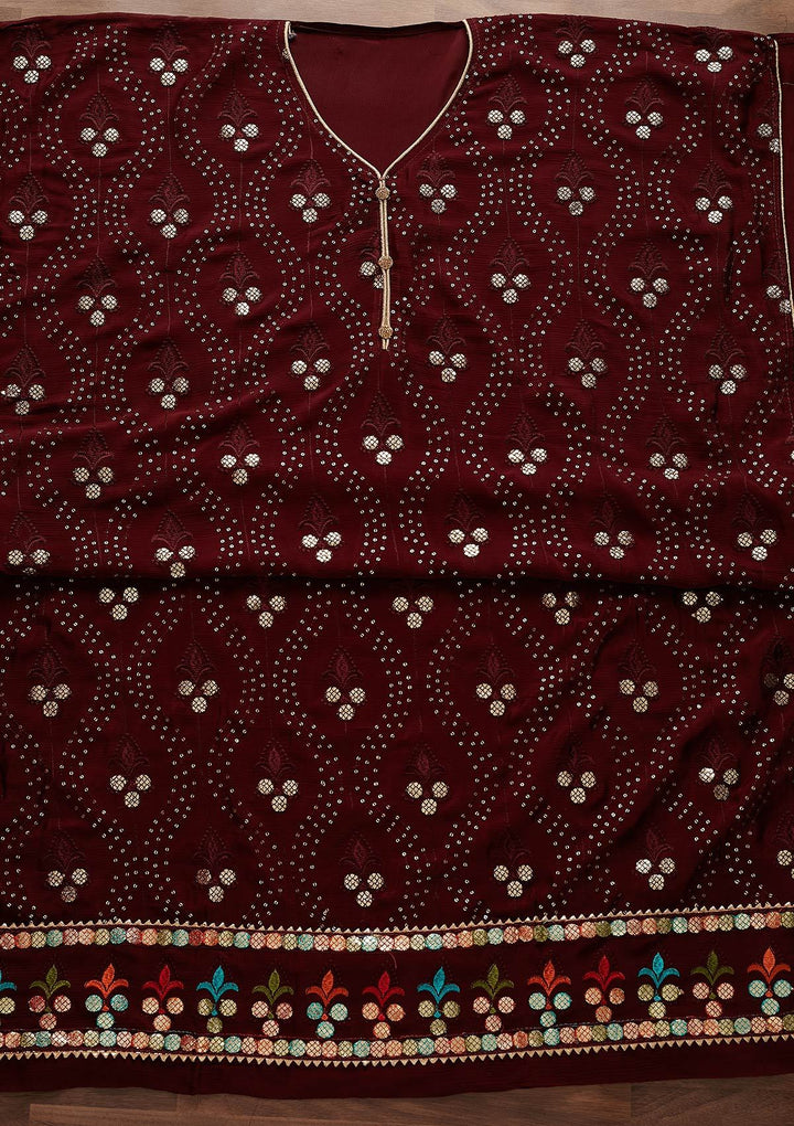 Maroon Swarovski Georgette Designer Unstitched Salwar Suit - Koskii