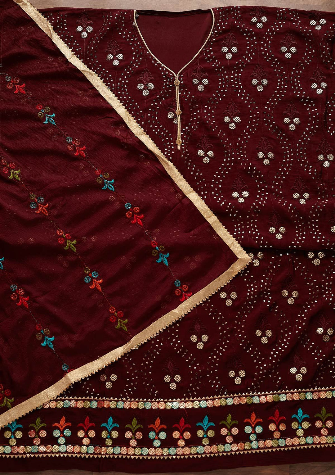 Maroon Swarovski Georgette Designer Unstitched Salwar Suit - Koskii