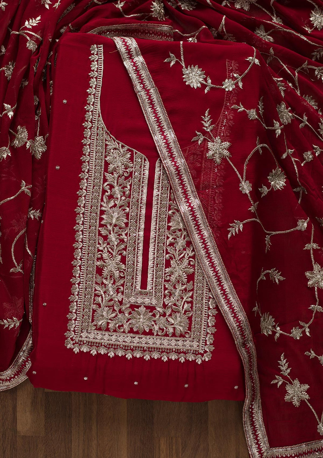 Maroon Swarovski Georgette Unstitched Salwar Suit-Koskii