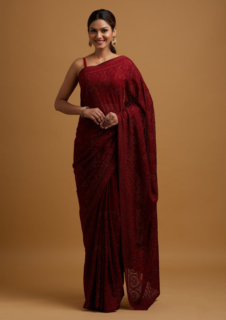 Maroon Swarovski Georgette Designer Saree - koskii