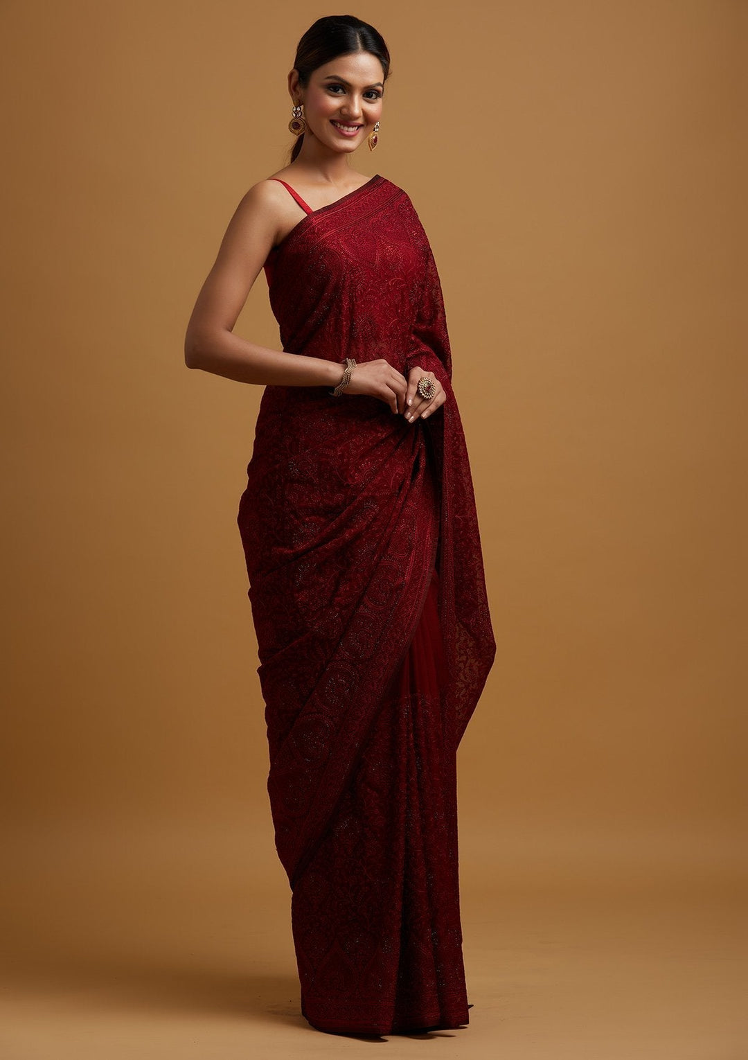 Maroon Swarovski Georgette Designer Saree - koskii