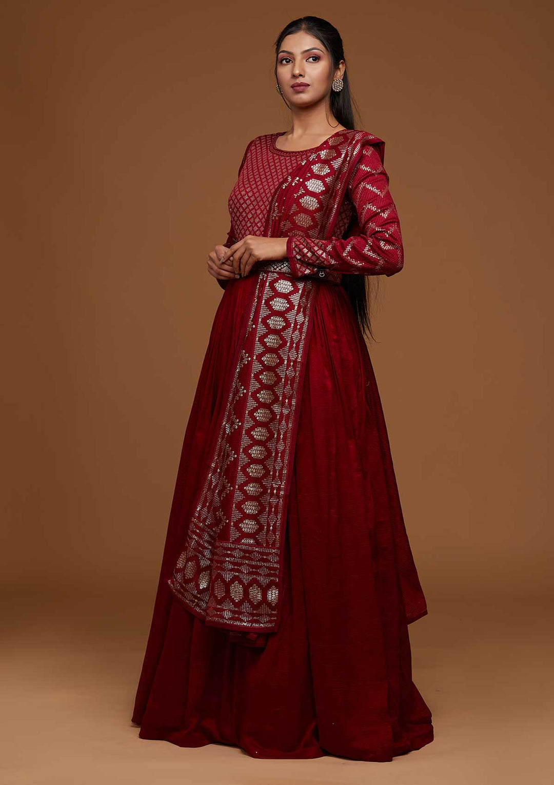 Maroon Swarovski Raw Silk Designer Anarkali Suit-Koskii