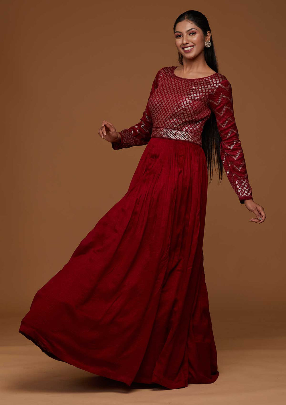 Maroon Swarovski Raw Silk Designer Anarkali Suit-Koskii