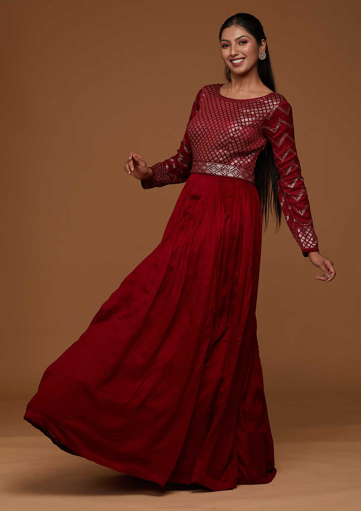 Maroon Swarovski Raw Silk Designer Anarkali Suit-Koskii