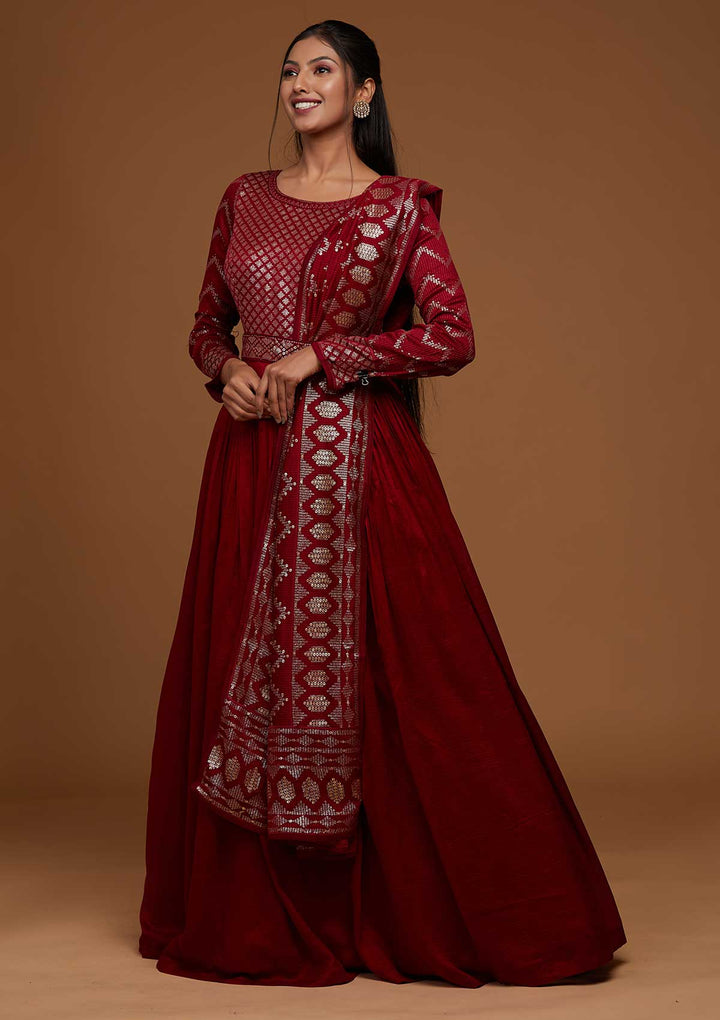 Maroon Swarovski Raw Silk Designer Anarkali Suit-Koskii