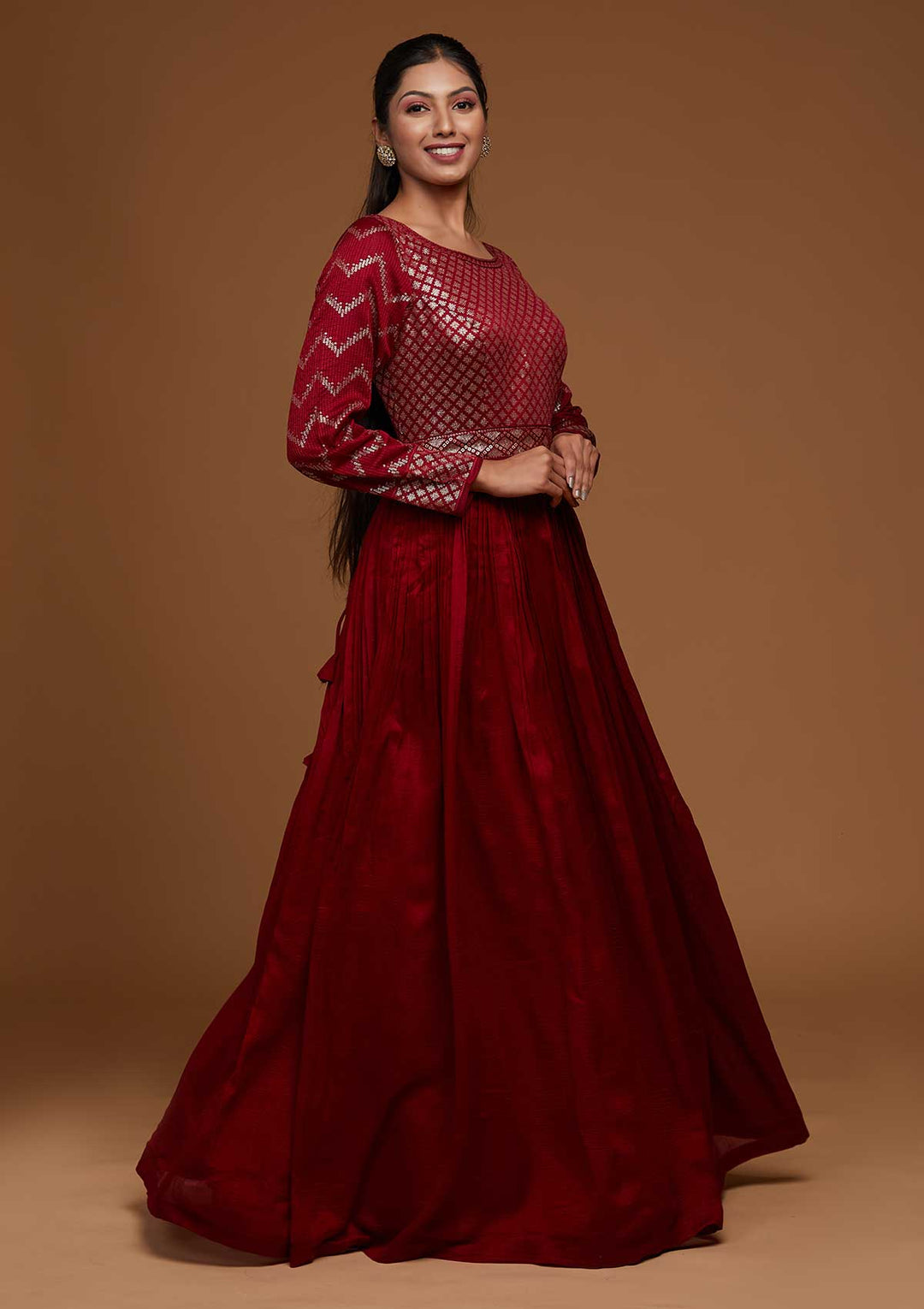 Maroon Swarovski Raw Silk Designer Anarkali Suit-Koskii