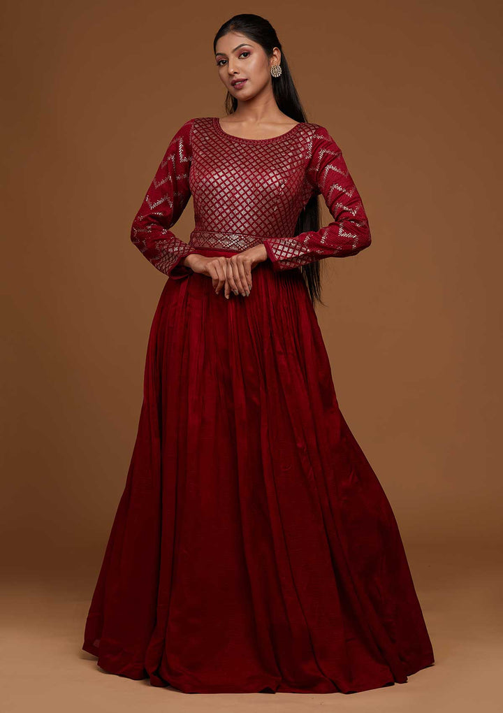 Maroon Swarovski Raw Silk Designer Anarkali Suit-Koskii