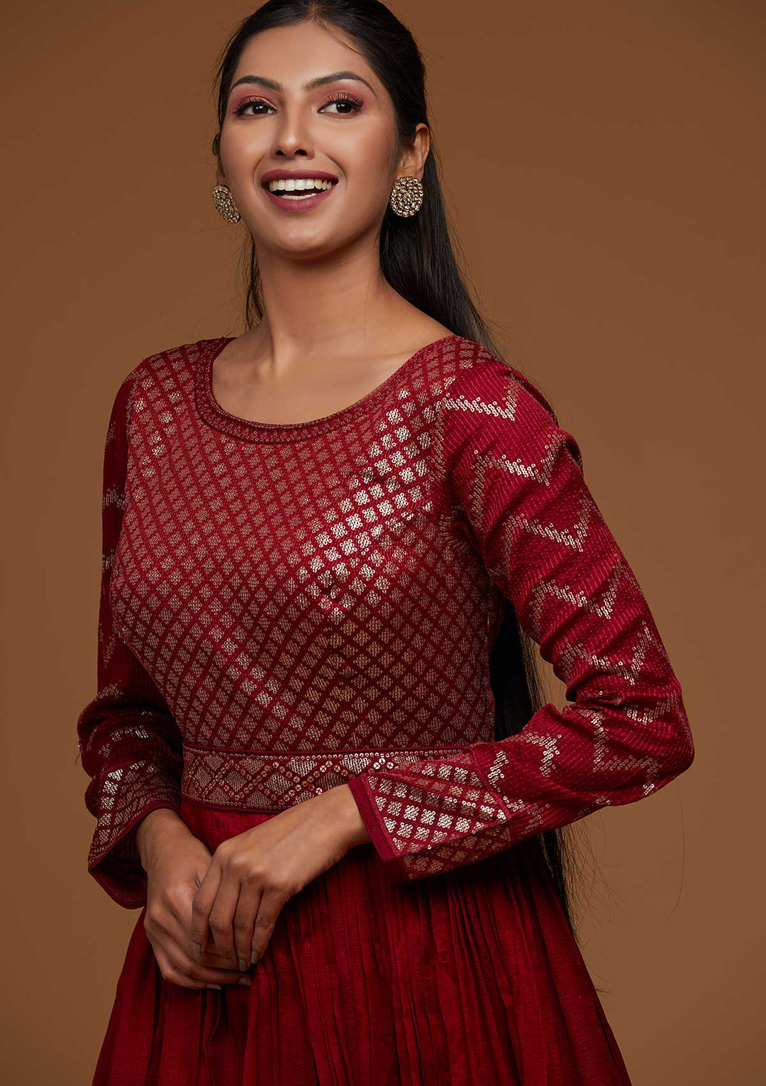 Maroon Swarovski Raw Silk Designer Anarkali Suit-Koskii