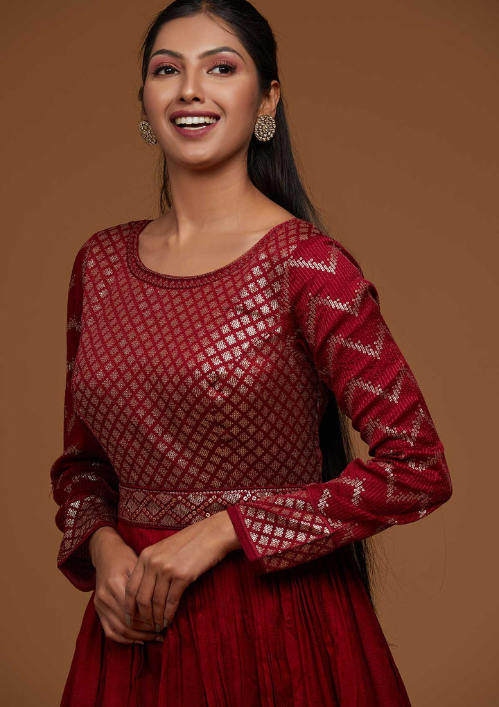 Maroon Swarovski Raw Silk Designer Anarkali Suit-Koskii