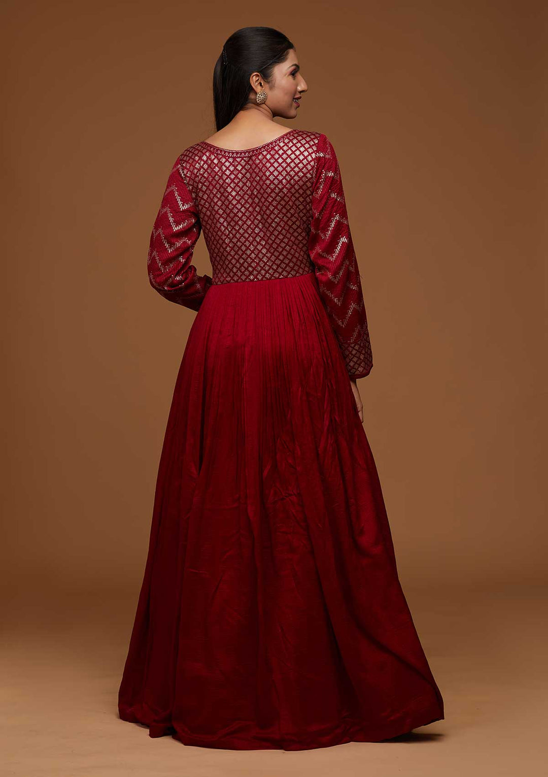 Maroon Swarovski Raw Silk Designer Anarkali Suit-Koskii