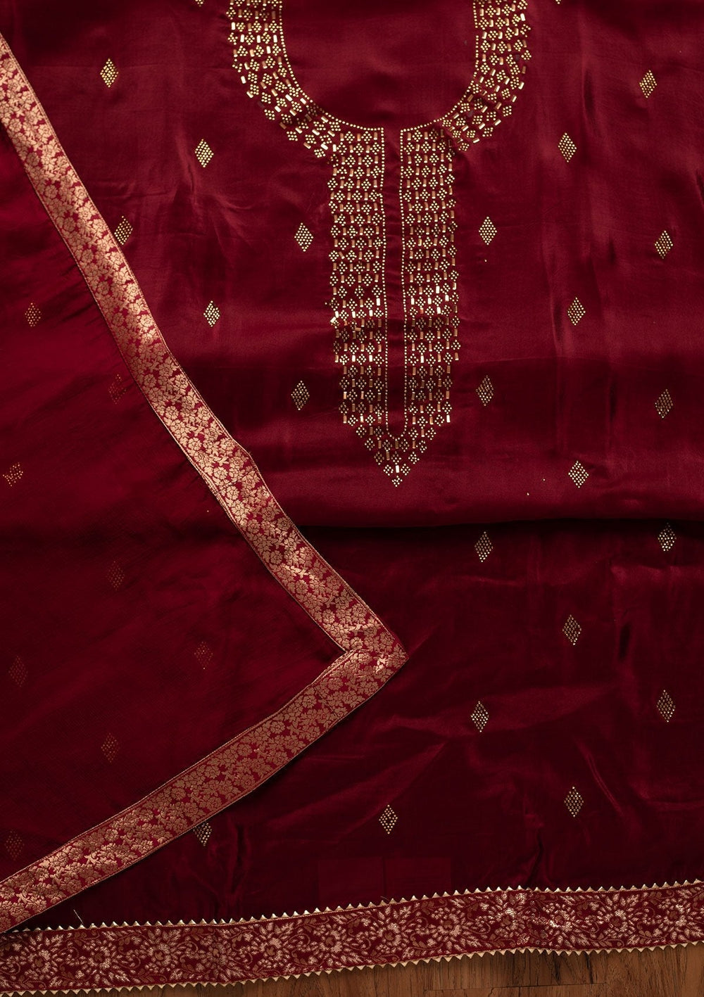 Maroon Swarovski Satin Designer Unstitched Salwar Suit - koskii
