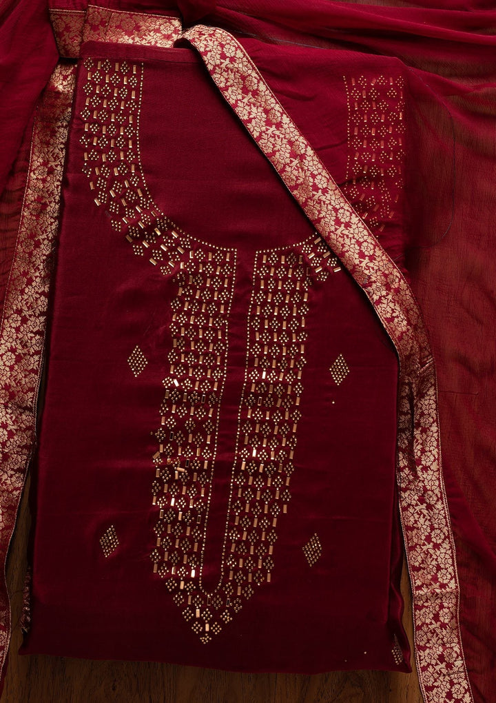 Maroon Swarovski Satin Designer Unstitched Salwar Suit - koskii