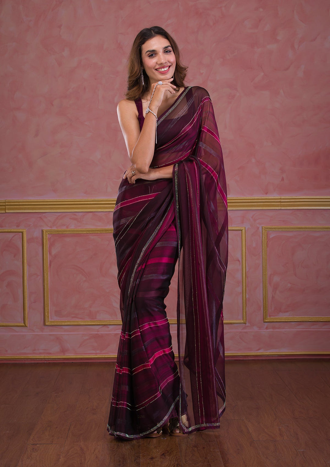 Maroon Swarovski Satin Saree-Koskii