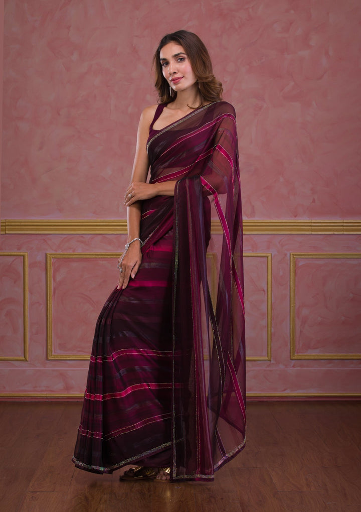 Maroon Swarovski Satin Saree-Koskii