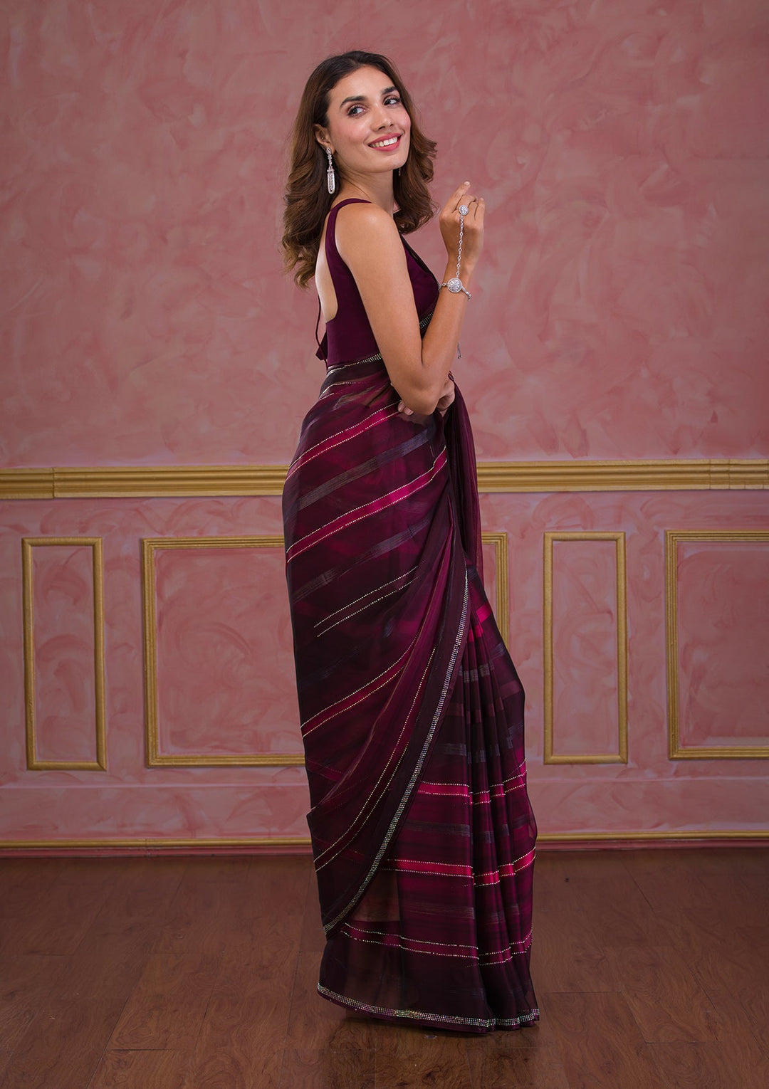 Maroon Swarovski Satin Saree-Koskii