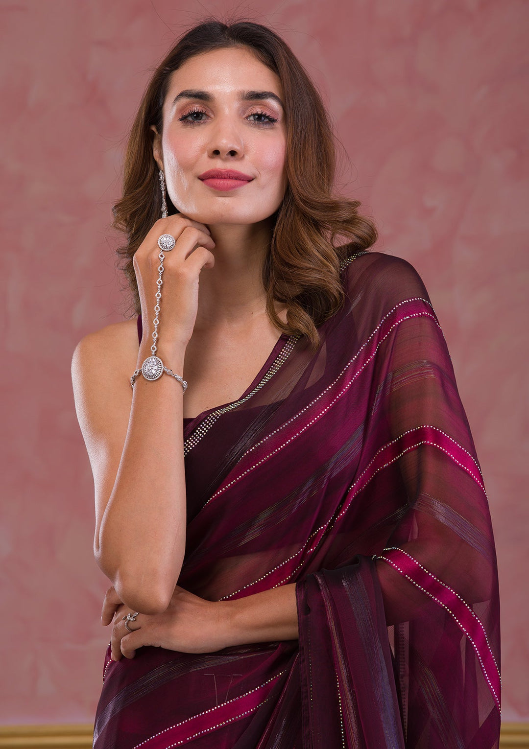 Maroon Swarovski Satin Saree-Koskii