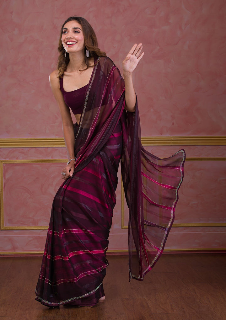 Maroon Swarovski Satin Saree-Koskii