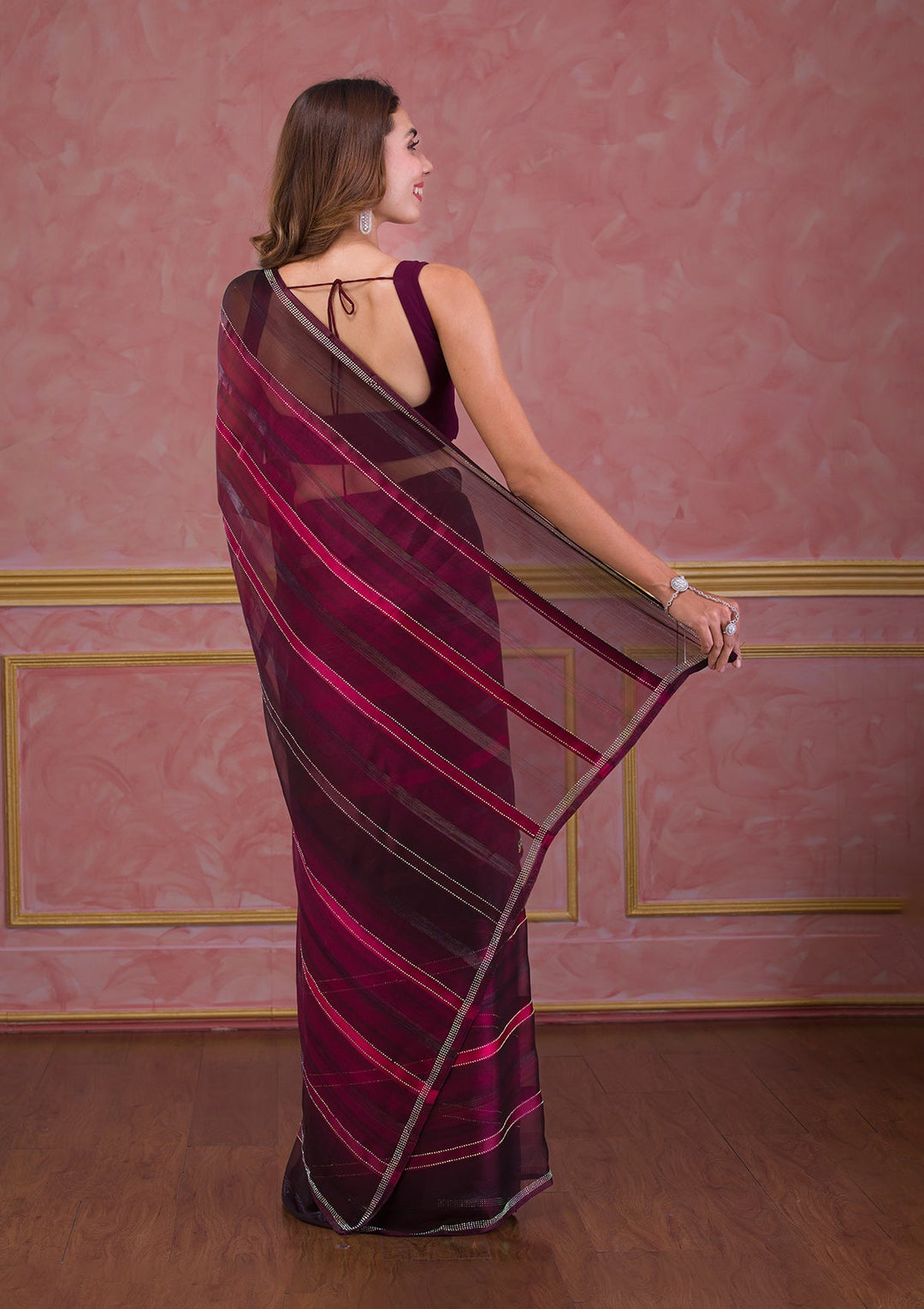 Maroon Swarovski Satin Saree-Koskii