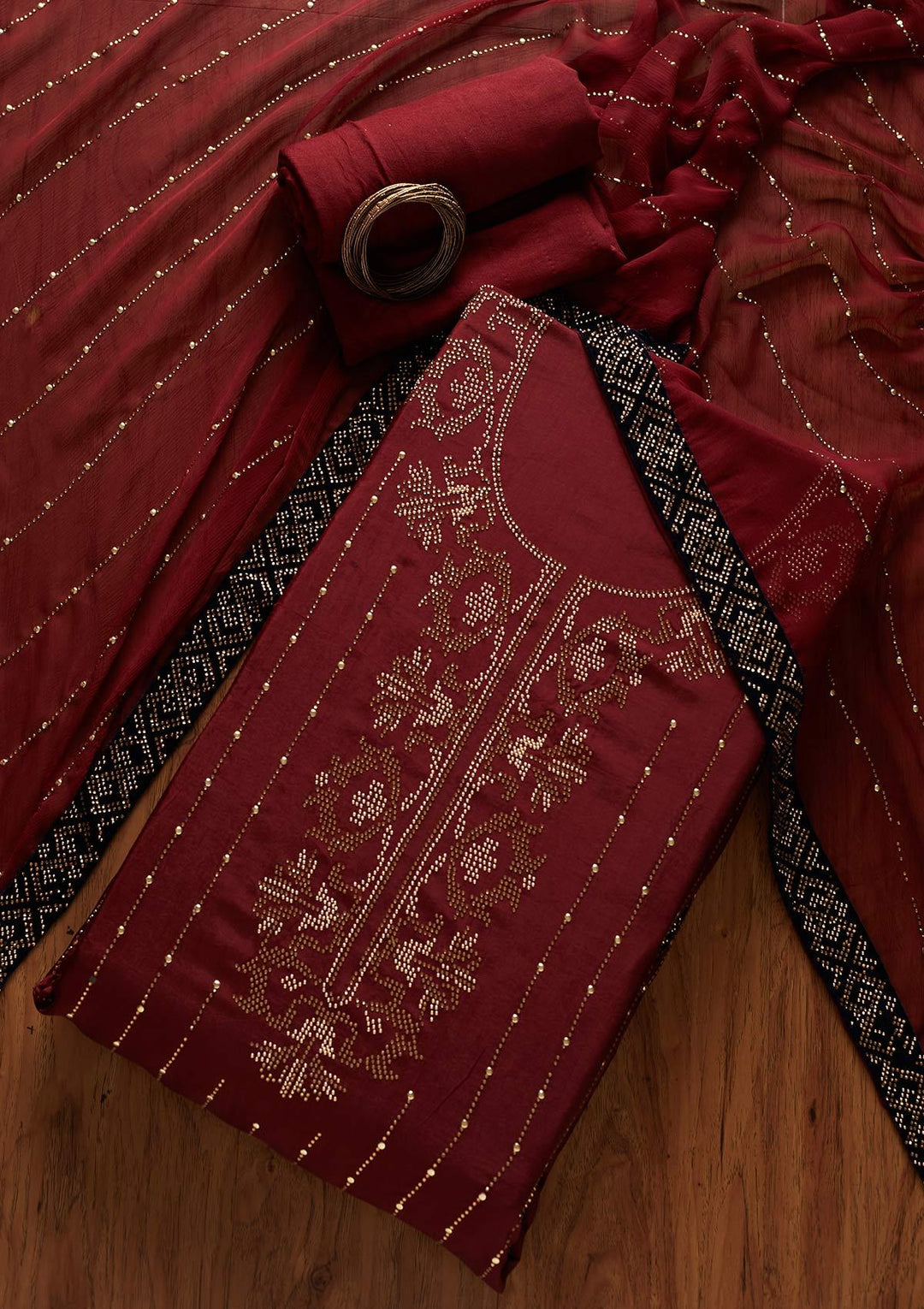 Maroon Swarovski Semi Crepe Designer Unstitched Salwar Suit - koskii