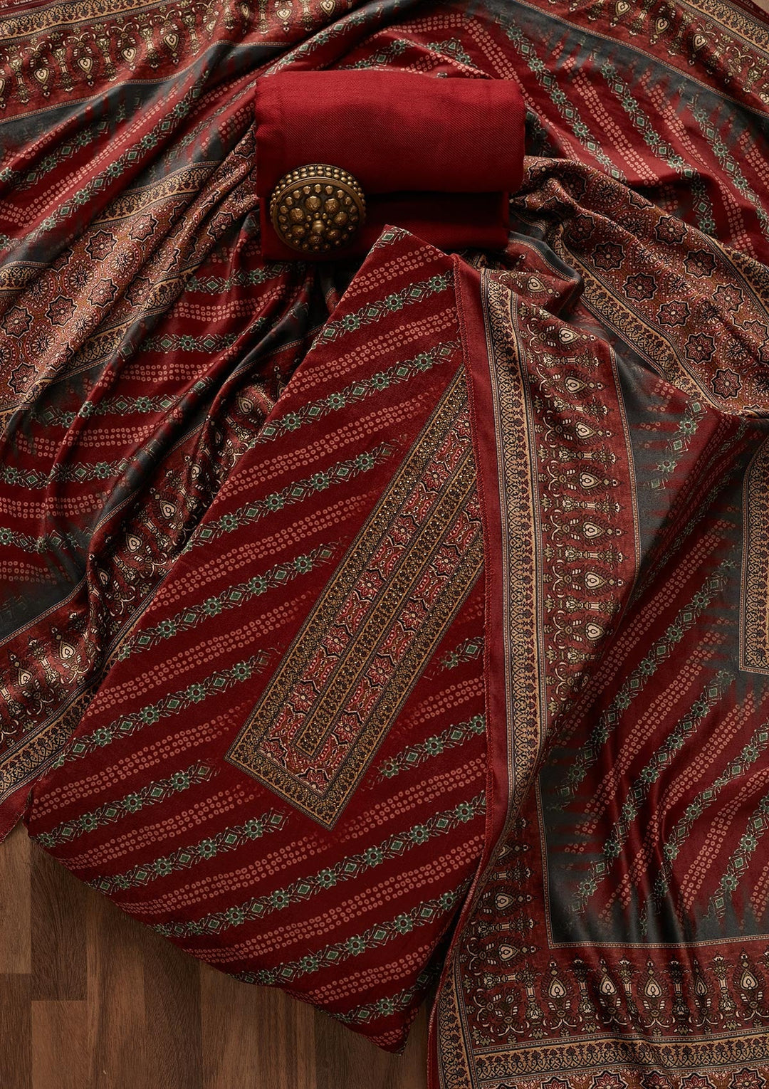 Maroon Swarovski Velvet Unstitched Salwar Suit- Koskii