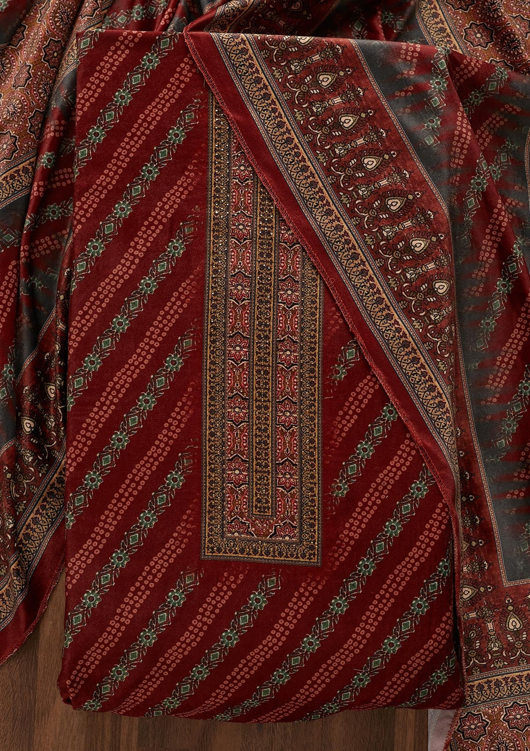 Maroon Swarovski Velvet Unstitched Salwar Suit - Koskii
