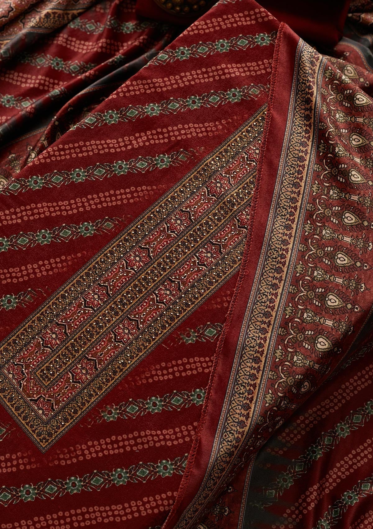 Maroon Swarovski Velvet Unstitched Salwar Suit - Koskii