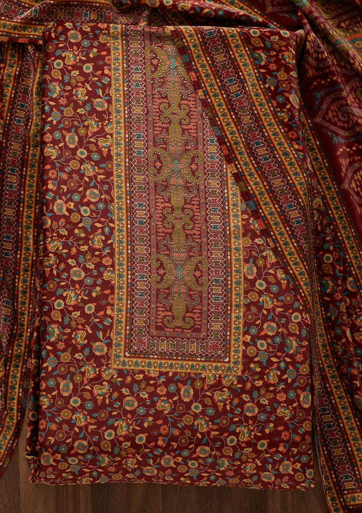 Maroon Swarovski Velvet Unstitched Salwar Suit - Koskii