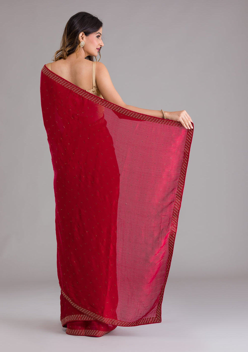 Maroon Swarovski Semi Crepe Saree-Koskii