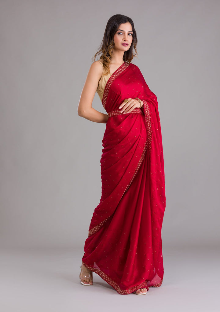 Maroon Swarovski Semi Crepe Saree-Koskii