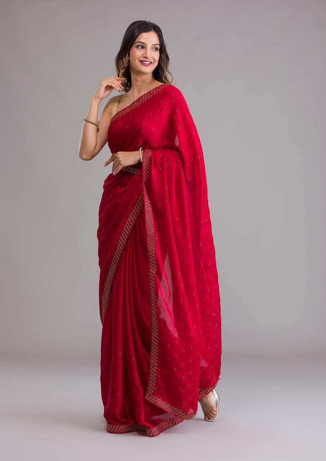 Maroon Swarovski Semi Crepe Saree-Koskii