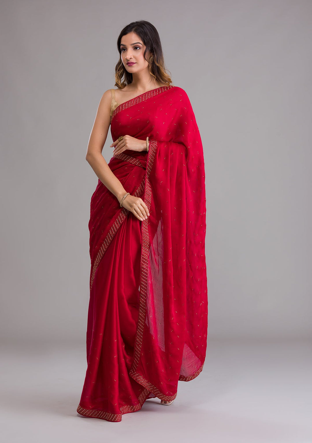 Maroon Swarovski Semi Crepe Saree-Koskii
