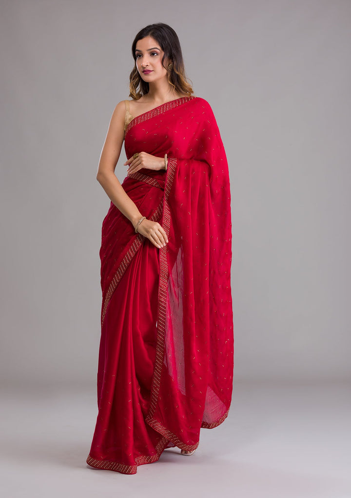 Maroon Swarovski Semi Crepe Saree-Koskii