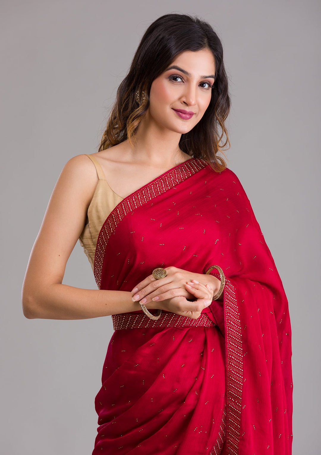 Maroon Swarovski Semi Crepe Saree-Koskii