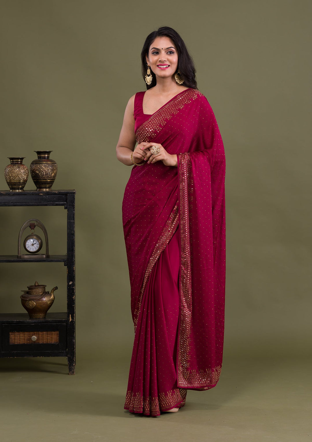 Maroon Swarovski Semi Crepe Saree-Koskii