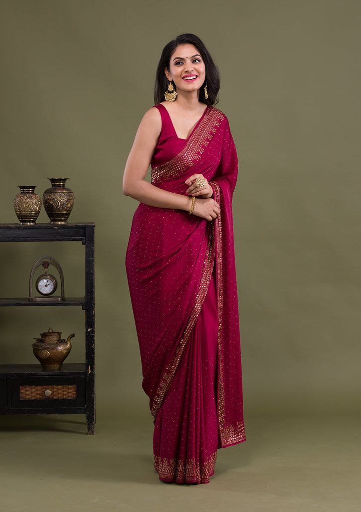 Maroon Swarovski Semi Crepe Saree-Koskii