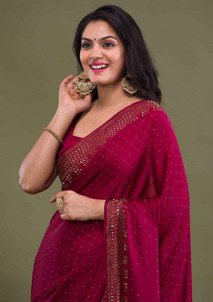Maroon Swarovski Semi Crepe Saree-Koskii