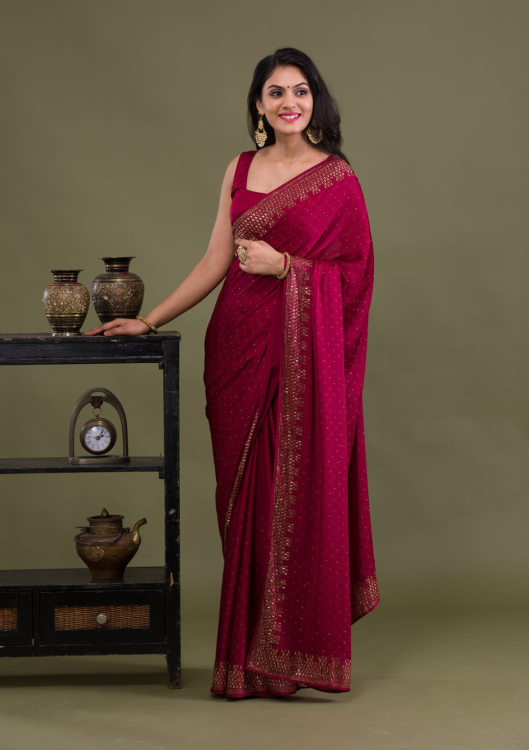 Maroon Swarovski Semi Crepe Saree-Koskii
