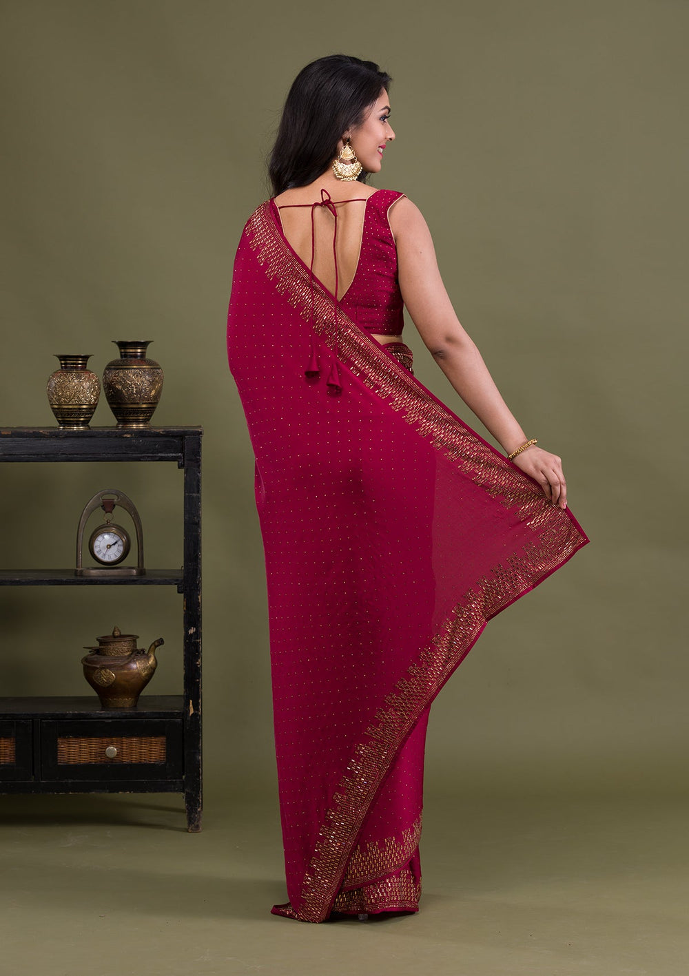 Maroon Swarovski Semi Crepe Saree-Koskii
