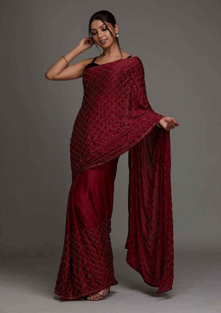 Maroon Swarovski Shimmer Saree- Koskii