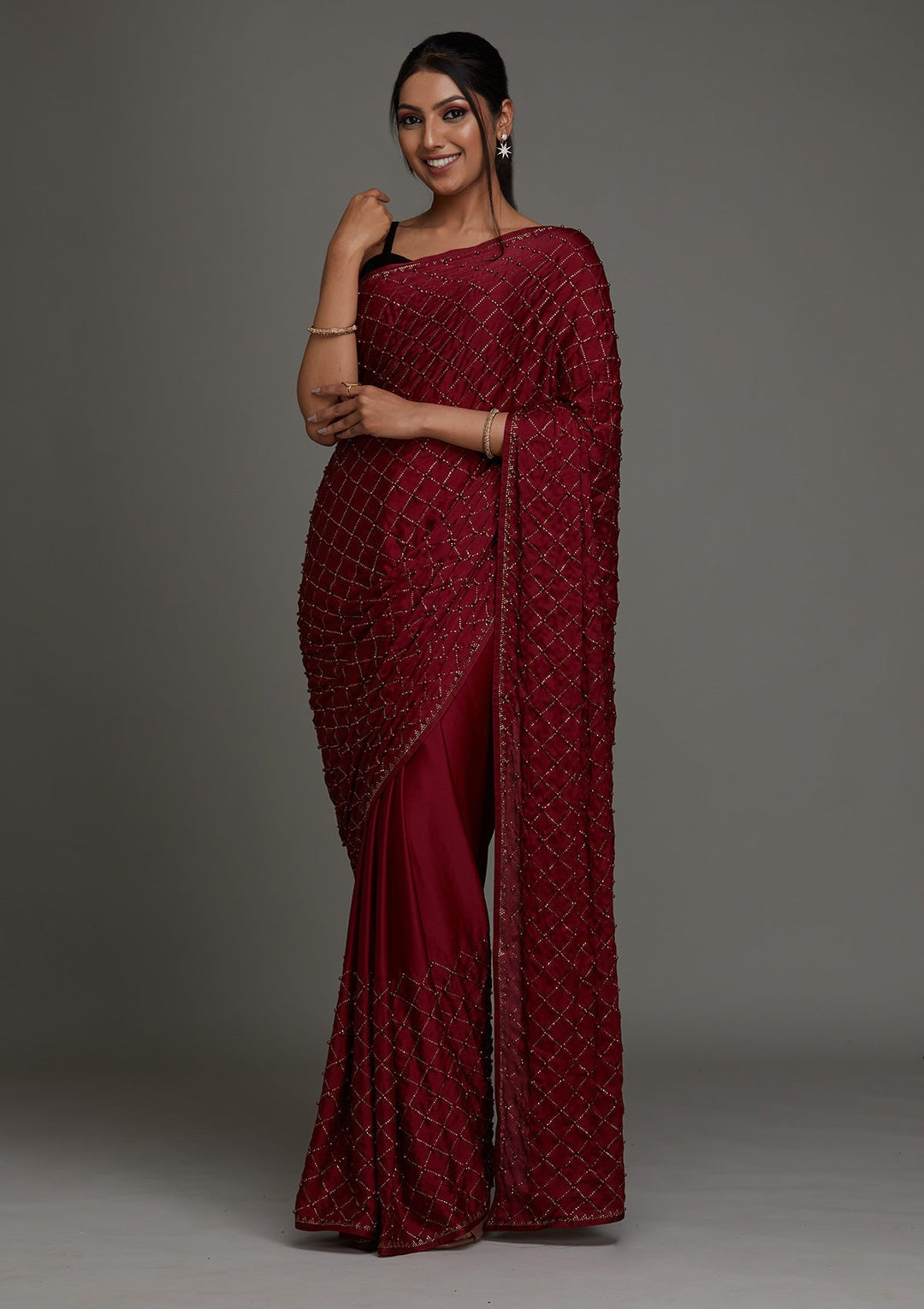 Maroon Swarovski Shimmer Saree - Koskii