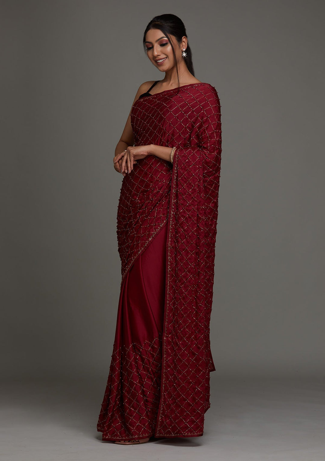 Maroon Swarovski Shimmer Saree - Koskii