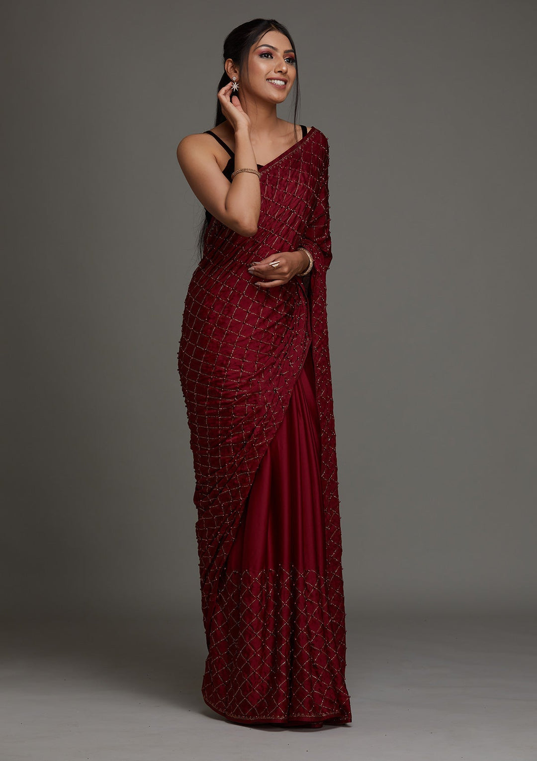 Maroon Swarovski Shimmer Saree - Koskii