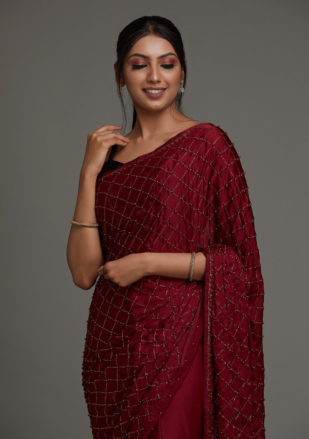 Maroon Swarovski Shimmer Saree - Koskii