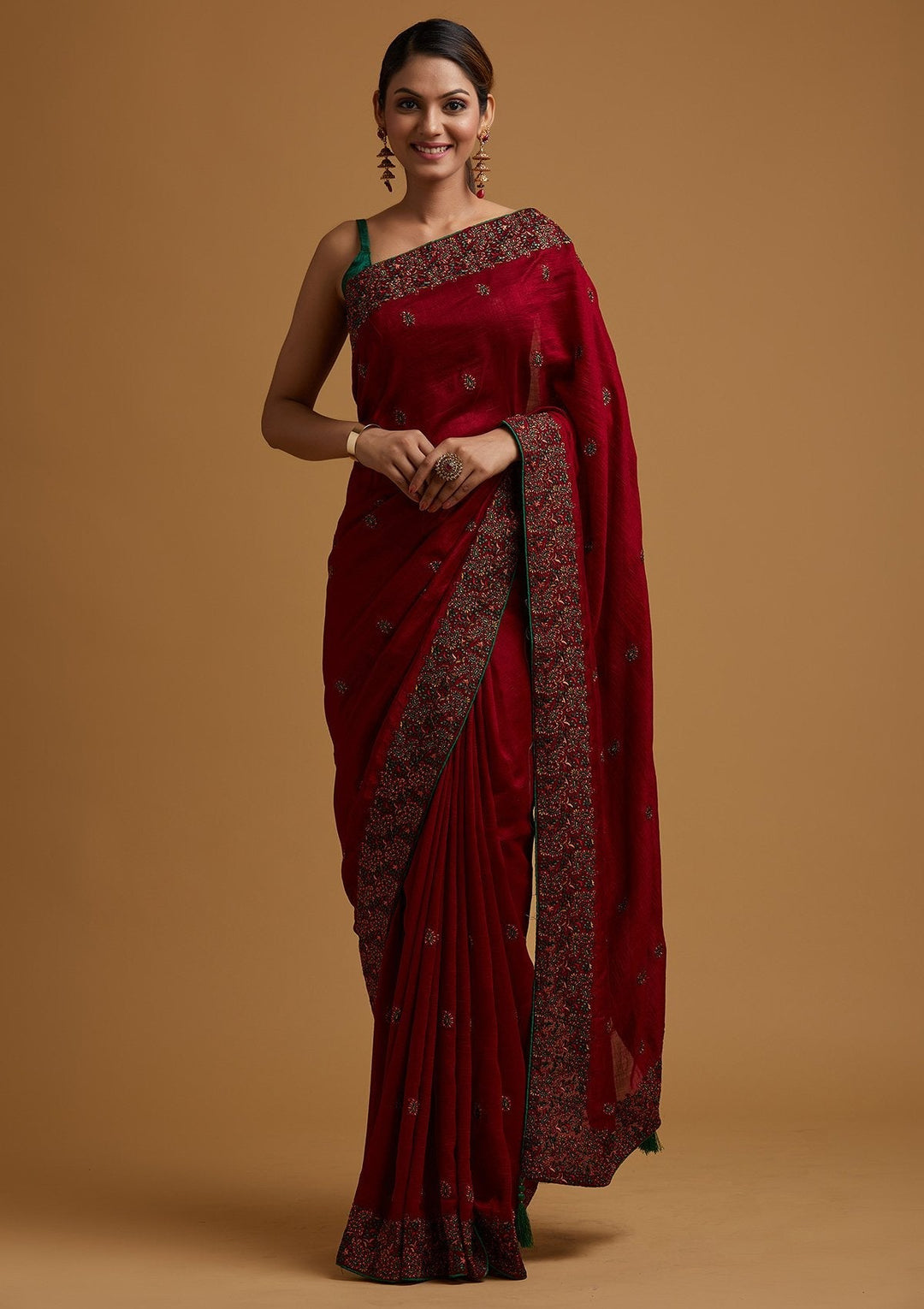 Maroon Threadwork Art Silk Designer Saree - koskii