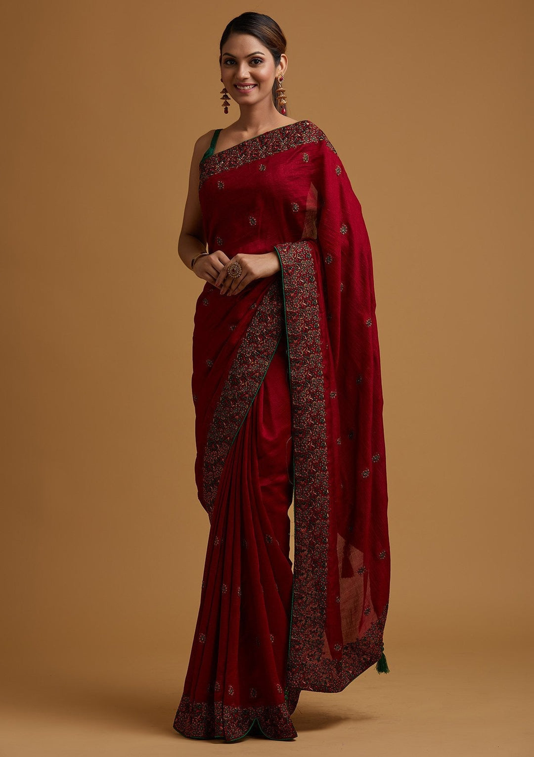 Maroon Threadwork Art Silk Designer Saree - koskii