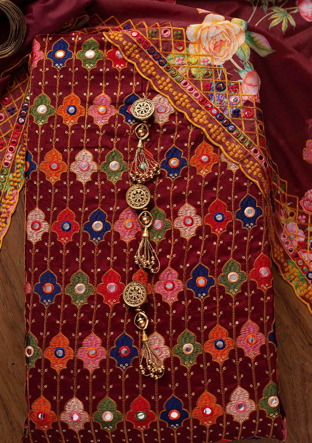 Maroon Threadwork Chanderi Designer Unstitched Salwar Suit - koskii