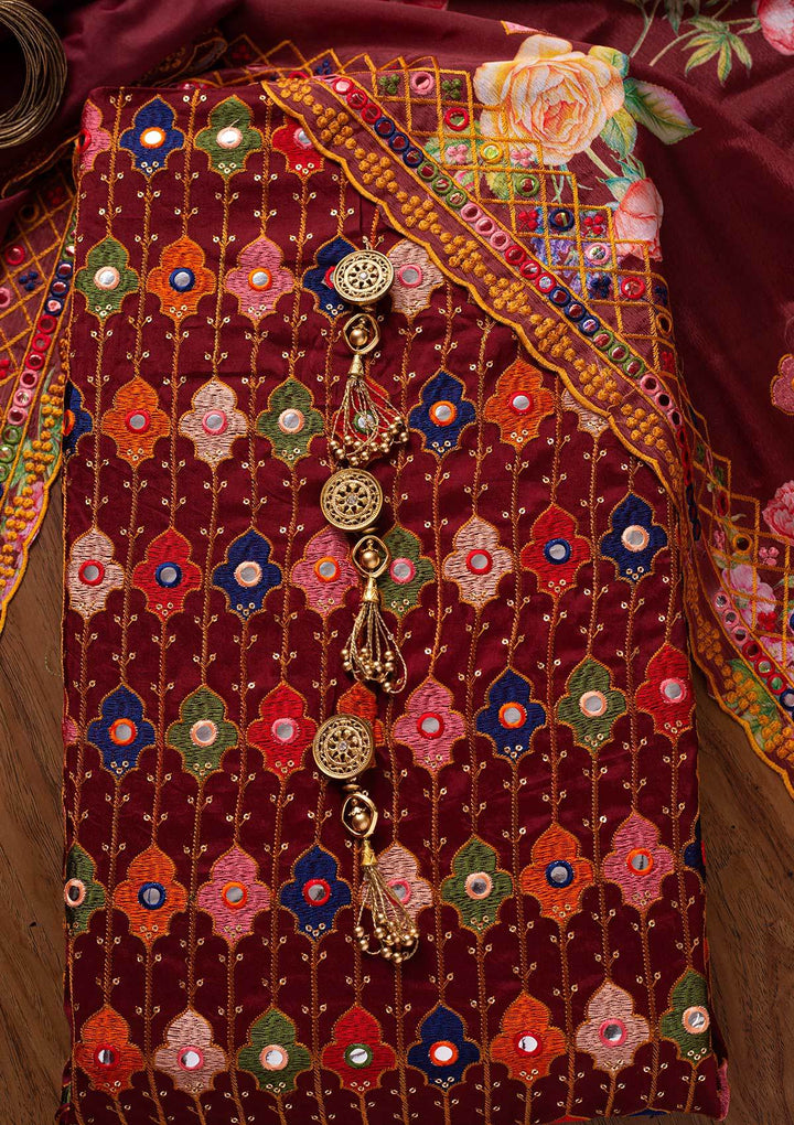 Maroon Threadwork Chanderi Designer Unstitched Salwar Suit - koskii