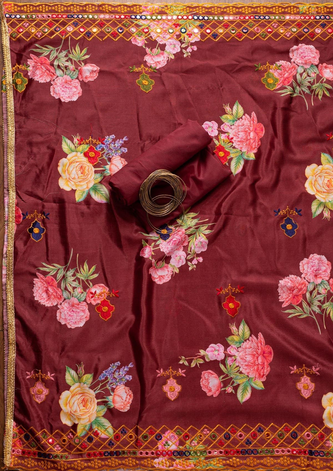 Maroon Threadwork Chanderi Designer Unstitched Salwar Suit - koskii