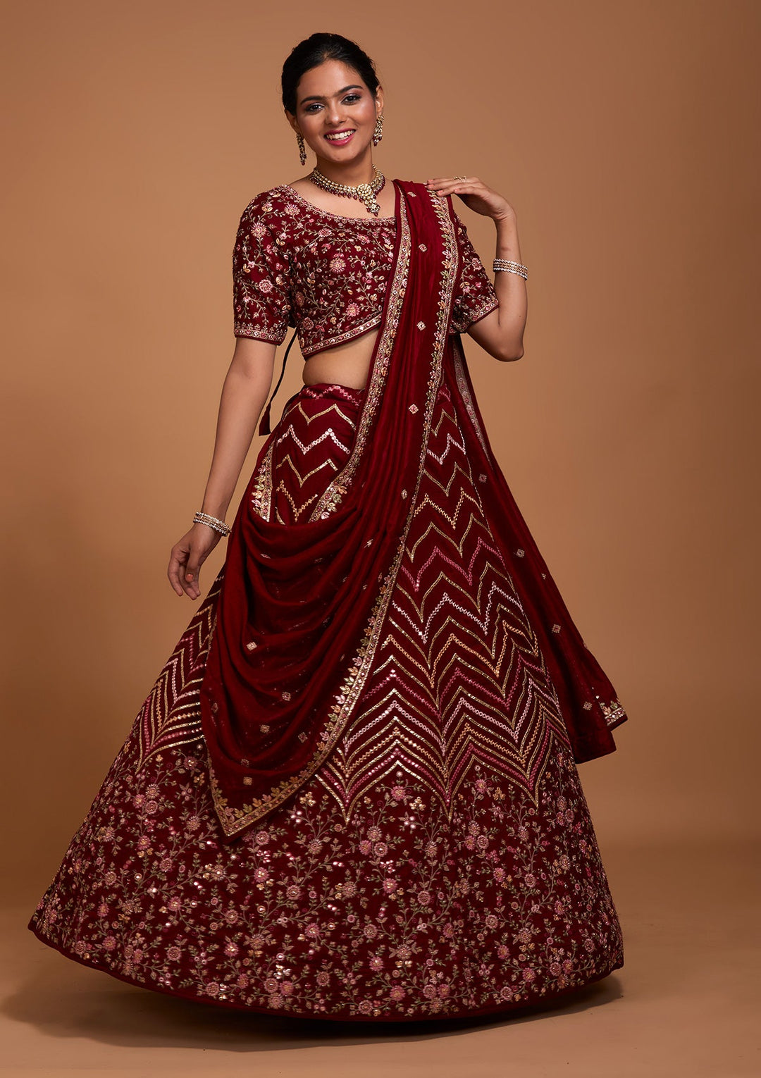Maroon Threadwork Georgette Lehenga-Koskii